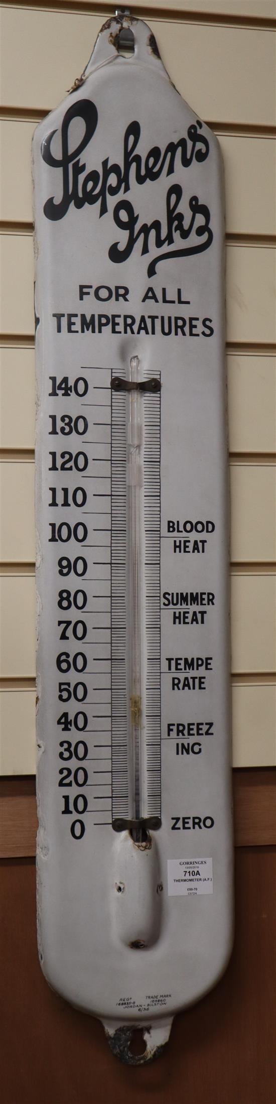 A Stephens Inks white-enamelled advertising thermometer, H.93cm (a.f.)